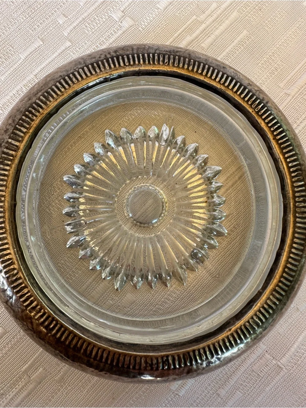 Vintage Glass Ashtray with Silver-Tone Metal Rim 3.75”